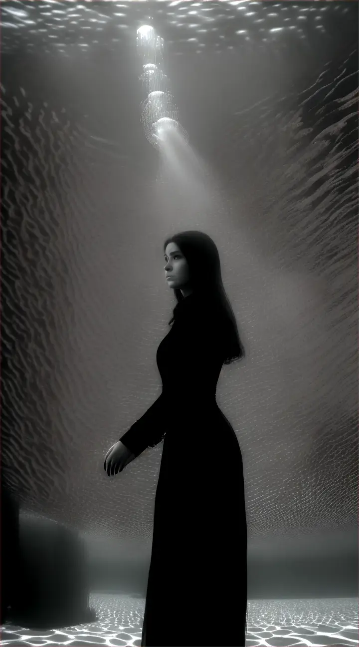 A solemn woman in B&W behind an underwater fence, surrounded by diverse marine creatures