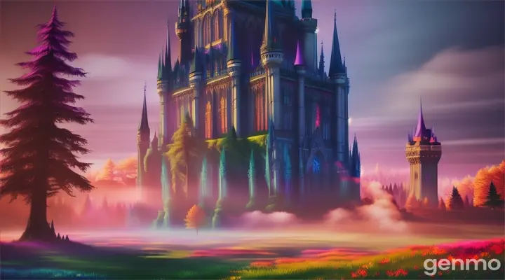 a gothic castle standing in a forest of psychedelic colors