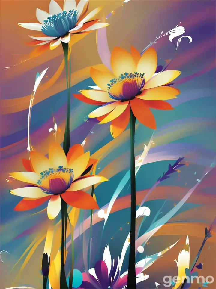 Drawing (brushstrokes with strokes, dashes, blots): sway three stems stylized nerium flowers. against a background of blue sky and stylized sun with rays. On an abstract pop art background with spots and strokes in yellow-blue  and violet shades. Flowers: orange color. 
Рисунок (мазки со штрихами, черточками, кляксами): качаются  три стилизованных стебля олеандр flowers. на фоне голубого неба и стилизованного солнца с лучами. На абстрактном фоне поп-арта с пятнами и штрихами в желто-синих и лиловых оттенках. Цветки: оранжевый цвет.

