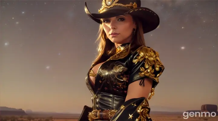 A beautiful young woman stands confidently in the middle of a desert, with the Milky Way galaxy clearly visible in the night sky. She is dressed in a Western cowgirl outfit, featuring detailed black leather clothing adorned with intricate floral patterns and gold laces. Her ensemble includes a black leather cowboy hat decorated with gold and copper flowers. Striking a confident pose, she holds a rifle vertically, with the arid desert landscape as her backdrop. The low camera angle enhances her prominent appearance, capturing the warm earth tones of the scene. The bright sunlight casts shadows and highlights that emphasize the textures and shapes, creating a striking visual effect.