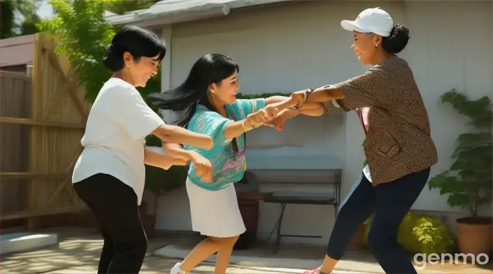 Una niña blanca de pelo negro está bailando hip hop con su abuelitaben el patio de la casa. La niña y abuela son de la raza blanca