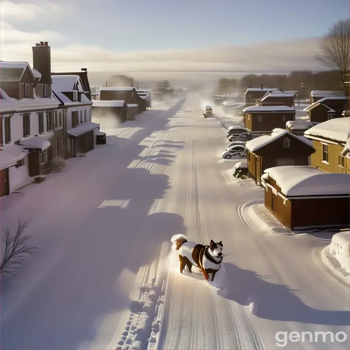 A dog stands on the snowy village street.
A dog stands on the snowy village street.
Karlı köy sokağında bir köpek duruyor.
A dog is standing on the street of the snowy village.
Karlı köyün sokağında bir köpek duruyor.
 The house lights are on. daytime. sunlight illuminates the street. The snow is falling very heavily. A man is chopping wood. A woman is doing laundry. Tractor loaded with hay skids.
