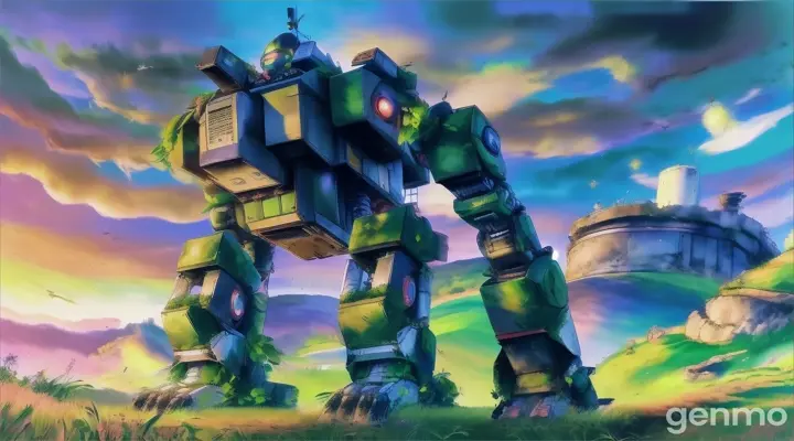 a painting of a giant robot standing in a field