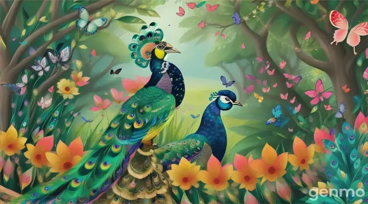 **Prompt for Illustrating "मोरनी की कहानी" Song**

1. **Scene 1: Jungle Morning**
   - A vibrant jungle scene with a colorful peacock (morní) dancing joyfully.
   - The morning sun rising in the background, casting a golden glow over the forest.
   - Various animals watching the peacock with admiration and happiness.
   - Butterflies fluttering around the peacock, adding to the lively atmosphere.

2. **Scene 2: Peacock and Butterflies**
   - A close-up of the peacock spreading its multicolored feathers like a rainbow.
   - Butterflies of various colors flying around, some even resting on the peacock’s feathers.
   - Flowers blooming in the background, adding to the scene’s vibrancy.

3. **Scene 3: Rain Dance**
   - The peacock dancing in the rain with droplets glistening on its feathers.
   - The forest looking lush and green, with rain making everything look fresh and alive.
   - Other animals like deer and rabbits enjoying the rain, adding to the sense of joy.

4. **Scene 4: Nighttime with Moon and Stars**
   - A serene nighttime scene with the peacock resting under a tree.
   - The moon shining brightly in the sky, surrounded by twinkling stars.
   - The peacock looking up at the moon and stars, appearing peaceful and content.
   - Fireflies glowing around, adding a magical touch to the scene.

5. **Final Scene: Happy Ending**
   - The peacock surrounded by various jungle animals, all smiling and enjoying the story.
   - The jungle looking beautiful and full of life, representing the happiness brought by the peacock.
   - The peacock spreading its wings as if getting ready to take flight, symbolizing freedom and joy.

These illustrations should be colorful, cheerful, and full of life, capturing the essence of the joyful and vibrant story of the peacock.