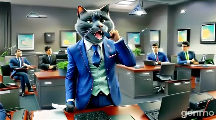 a cat in a suit talking on a cell phone