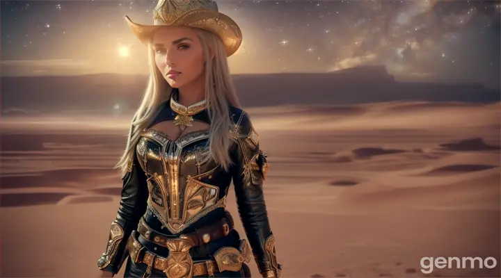 A beautiful young woman stands confidently in the middle of a desert, with the Milky Way galaxy clearly visible in the night sky. She is dressed in a Western cowgirl outfit, featuring detailed silver color leather clothing adorned with intricate floral patterns and gold laces. Her ensemble includes a black leather cowboy hat decorated with gold and copper flowers. Striking a confident pose, she holds a rifle vertically, with the arid desert landscape as her backdrop. The low camera angle enhances her prominent appearance, capturing the warm earth tones of the scene. The bright sunlight casts shadows and highlights that emphasize the textures and shapes, creating a striking visual effect.