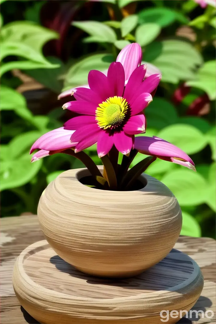 a pink flower sitting in a vase on top of a wooden table