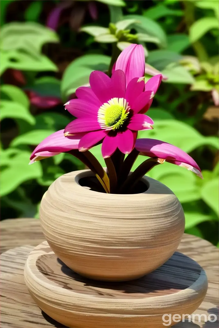 a pink flower sitting in a vase on top of a wooden table