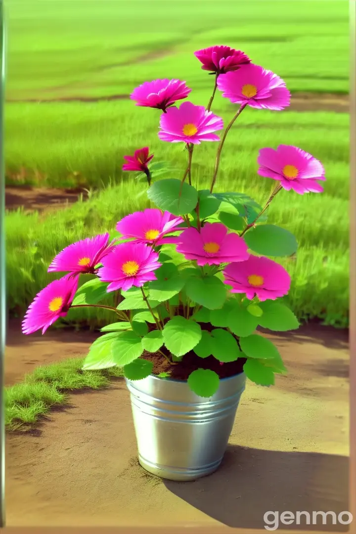 a potted plant with pink flowers in a field