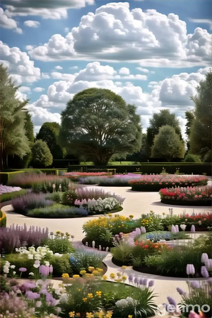 a garden filled with lots of flowers under a cloudy sky