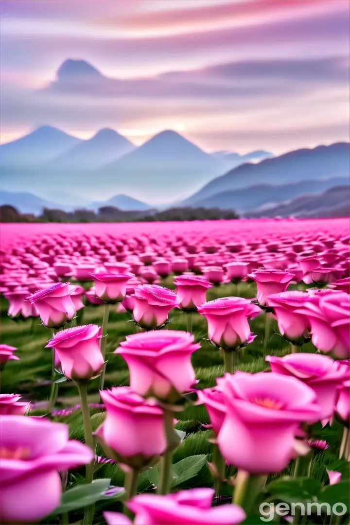 a field of pink flowers with mountains in the background