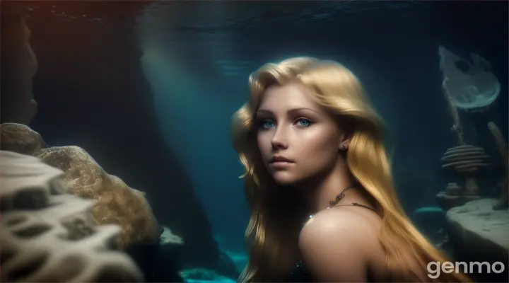 (masterpiece, best quality), close up, A beautiful blonde mermaid with piercing eyes glancing down towards the ground, in the ruins of Atlantis. a dark and moody atmosphere deep depths of the ocean, sea floor, ground, water motion,