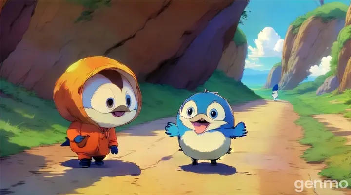 a couple of cartoon characters walking down a dirt road