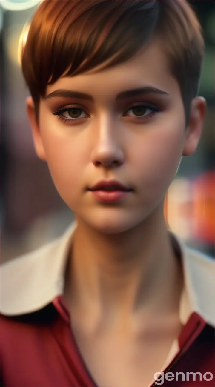 a plump 20-year-old girl with a short haircut, cinematic shot, shot with red cameras and prime lens 