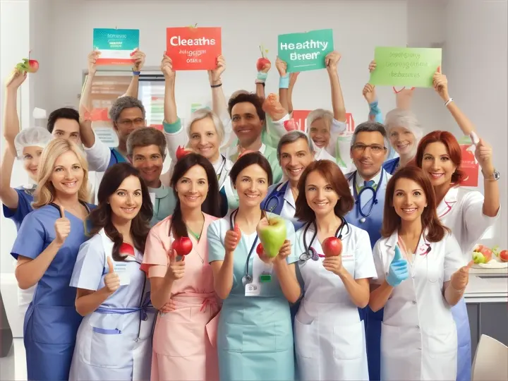 Doctors, nurses, and health professionals hold up signs or give thumbs up promoting healthy eating with apples.
