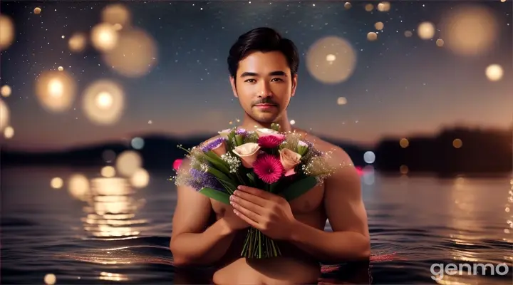 A man holding a bouquet of flowers standing in calm water, with a galaxy of stars above and lifelike flowers floating around him