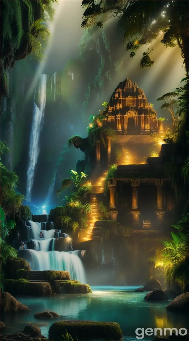 photography of a highly detailed and ruins of Inca city in jungle landscape with photorealistic waterfalls. greg rutkowski, zabrocki, karlkka, jayison devadas, intricate, artstation, 8 k, unreal engine 5. Intricately detailed, hyper realistic, extremely photorealistic. Golden ratio. Dramatic, volumetric, cinematic, midnight lighting. Far, long shot sharp focus, wide angle landscape pov. Contrasting, dramatic, vibrant colors. HDR, UHD 16K. Maximalist, award-winning photo. Unreal engine render. Unsplash, artstation and National Geographic trend.