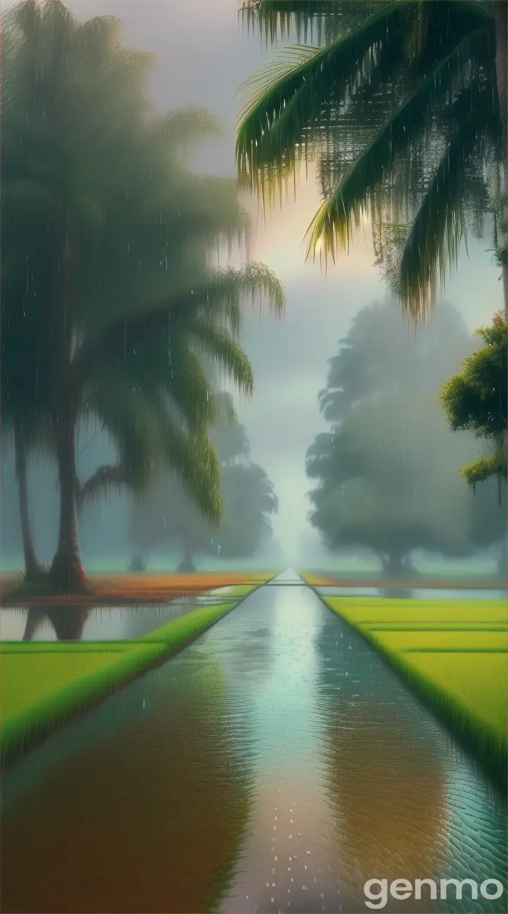 Rainy afternoon over a tropical ricefield in oil