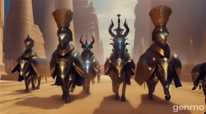 Create a hyper-realistic futuristic image of marching futuristic creatures looking like Egyptian Gods 