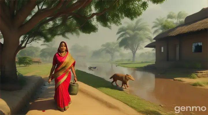 Close-up of the brave wounded bloodied mongoose heading towards the river, where Prabha, a 42-year-old woman wearing a traditional red sari and green blouse and a scarf on her head, went to fetch water, now she is walking happily away from the quiet courtyard tree, her movements were vibrant and proud. The background is a rural village, whose courtyard is quiet and vibrant, greenery. This scene is rendered in vibrant 3D, with rich, saturated colors and detailed textures that bring the environment to life