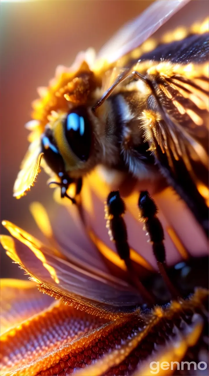 Macro bee on hexagonal honeycomb, illuminated by warm evening light
