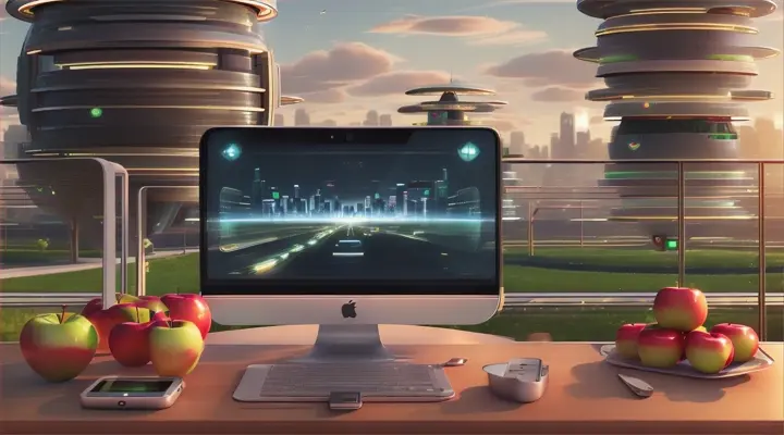 A vibrant, futuristic illustration of apples and apple-related products, showcasing a promising future. The apples are of various sizes, colors, and textures, with some of them glowing and others embedded in innovative tech devices. The background consists of a combination of urban cityscape and advanced agricultural landscapes, representing the perfect blend of technology and nature. The overall ambiance is optimistic, with a sense of progress and a bright future ahead.