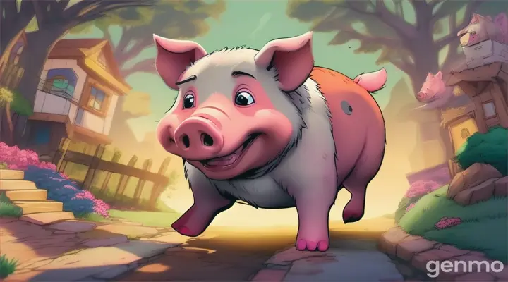 make a cartoon of a little pig running away from a wolf