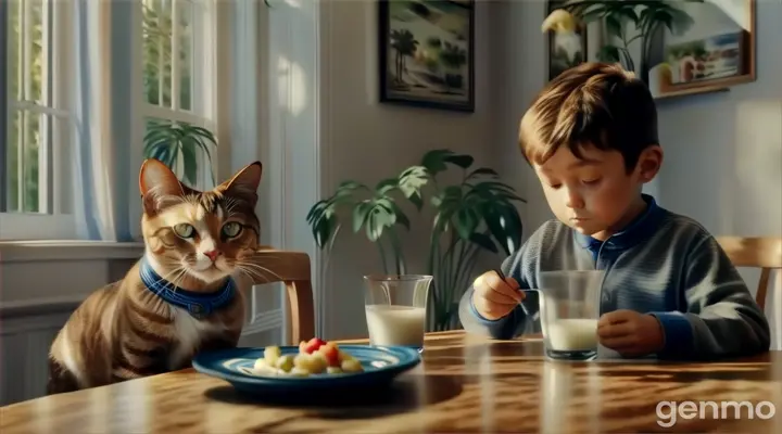 a little boy sitting at a table with a cat