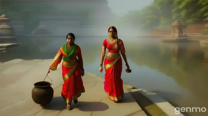 Prabha a 42-year-old woman wearing a traditional red sari and green blouse and a scarf on her head, walking back from the reservoir, carrying a heavy water pot on her waist, her face showing suspicion and determination. Prabha’s seeing the mongoose covered in blood approaching her, her face shifting from suspicion to anger. This scene is rendered in vibrant 3D, with rich, saturated colors and detailed textures that bring the environment to life