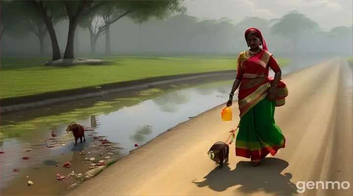 Prabha a 42-year-old woman wearing a traditional red sari and green blouse and a scarf on her head, walking back from the reservoir, carrying a water pot on her waist, her face showing suspicion and determination. Prabha’s seeing the mongoose covered in blood approaching her, her face shifting from suspicion to anger. This scene is rendered in vibrant 3D, with rich, saturated colors and detailed textures that bring the environment to life