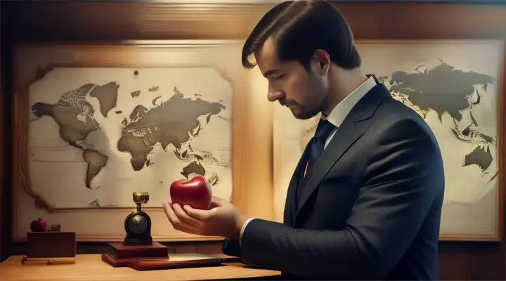 a men bring apple in his hand stand infront of world map 