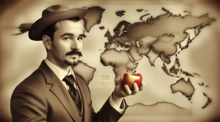 a men bring apple in his hand stand infront of world map 