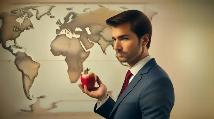 a men bring apple in his hand stand infront of world map 