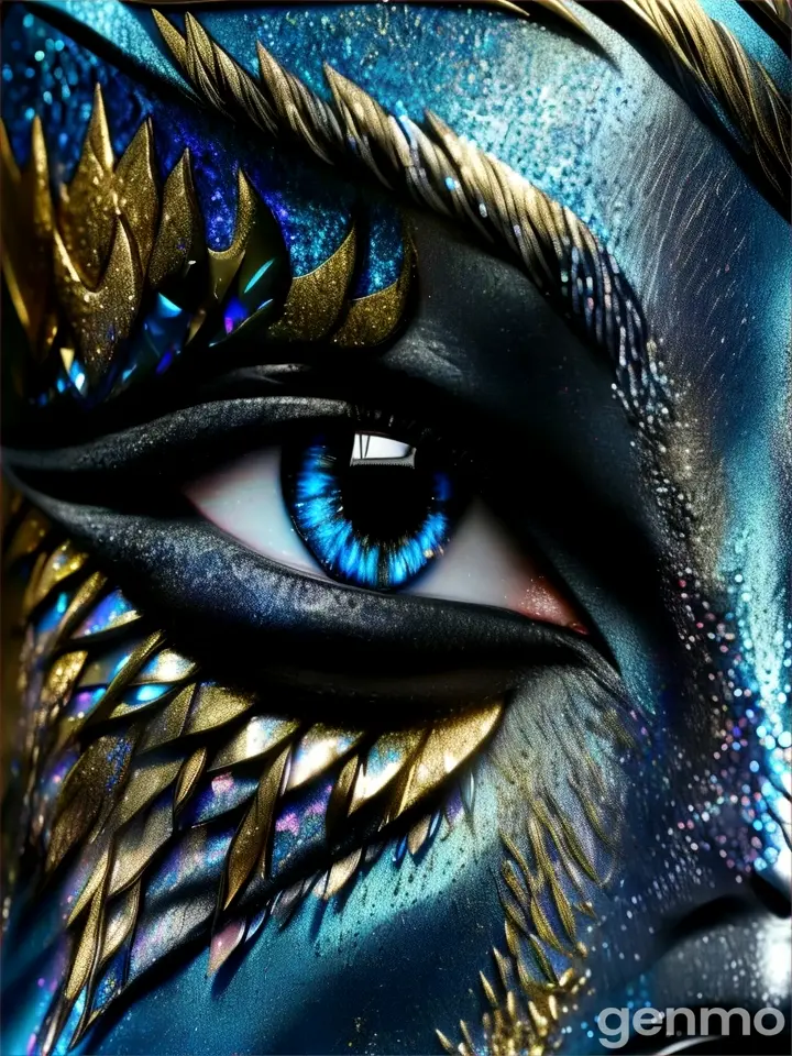 Close up of person's face with blue eyes, tears made of glitter streaming down their face