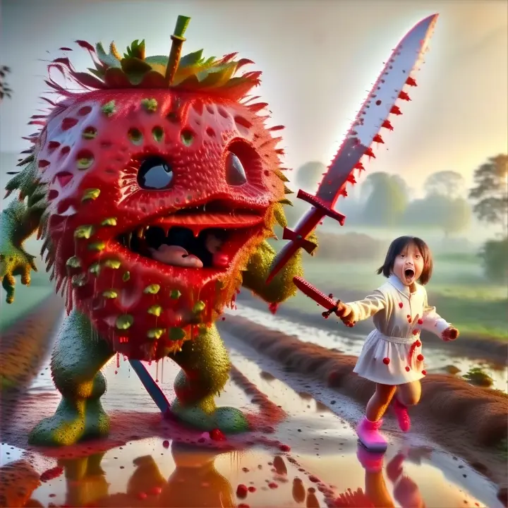 a little girl  running away from a giant strawberry with sword in his hand