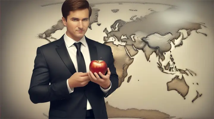 “a men bring apple in his hand stand infront of world map”