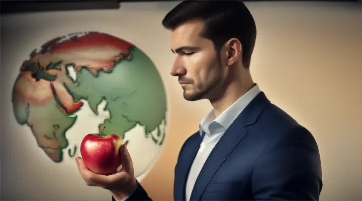 “a men bring apple in his hand stand infront of world map”