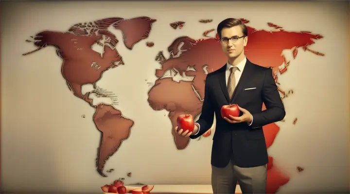 “a men bring apple in his hand stand infront of world map”