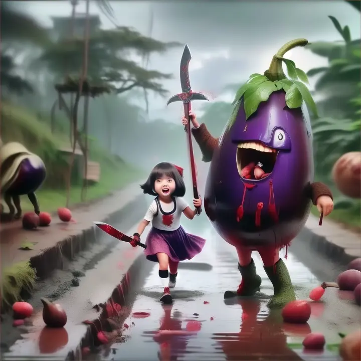 a little girl  with sword in his hand running away from a giant eggplant