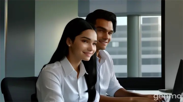 inside the office room, a smiling young man with slicked back surfer black hair in white shirt and a young woman with long black hair in white blouse shirt sitting at the office desk using a laptop