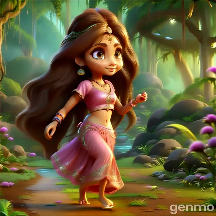 a brown fairy  long hair , big eyes wearing light pink lehengaa  and blouse  running bare foot in jungle   in jungle  3D animation catoon 