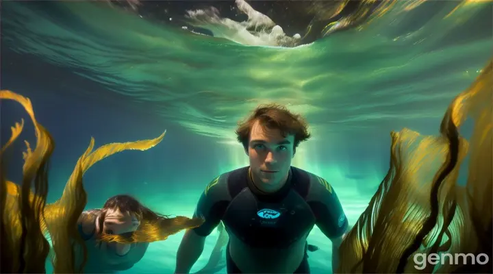 Sam and Finn diving in a kelp forest as up above the sky is aglow with aurora borealis