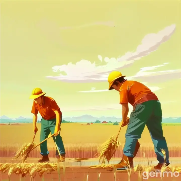 two men are working in a wheat field