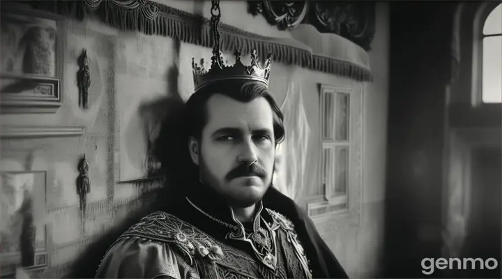 "An old portrait of a king hanging crookedly on the wall, covered in dust, with a feeling of eyes following anyone who passes by."