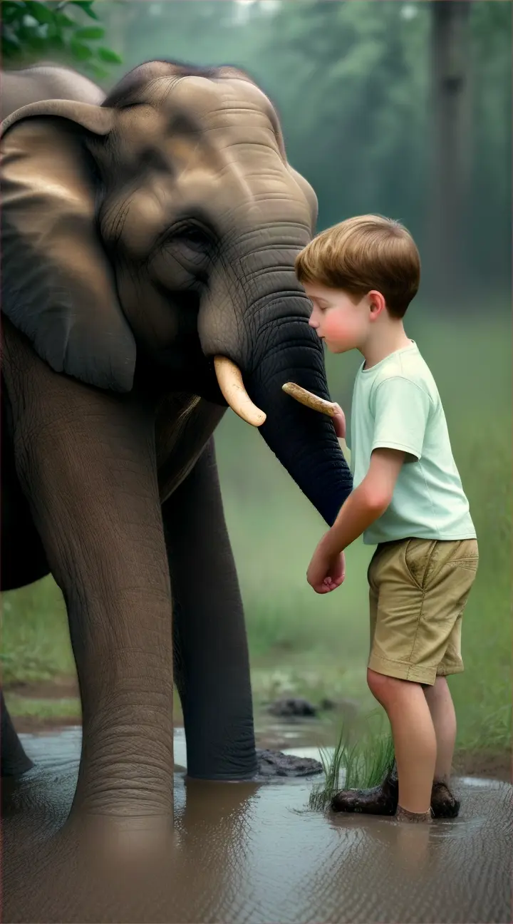 a young boy named alex helping a baby elephant stuck in the mud, struggling to get out. 