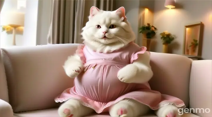 a white cat in a pink dress sitting on a couch