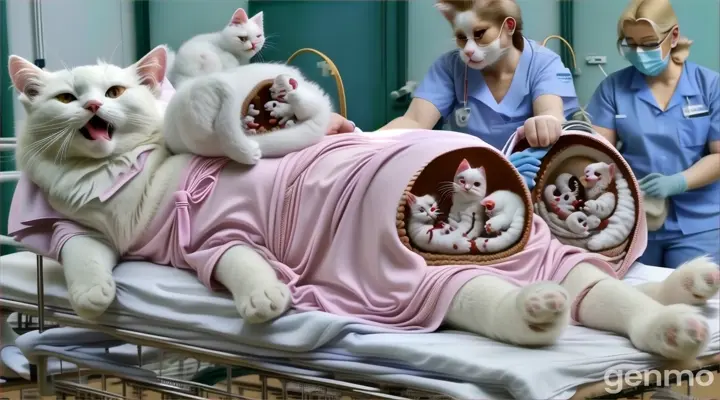 a white cat laying on top of a hospital bed