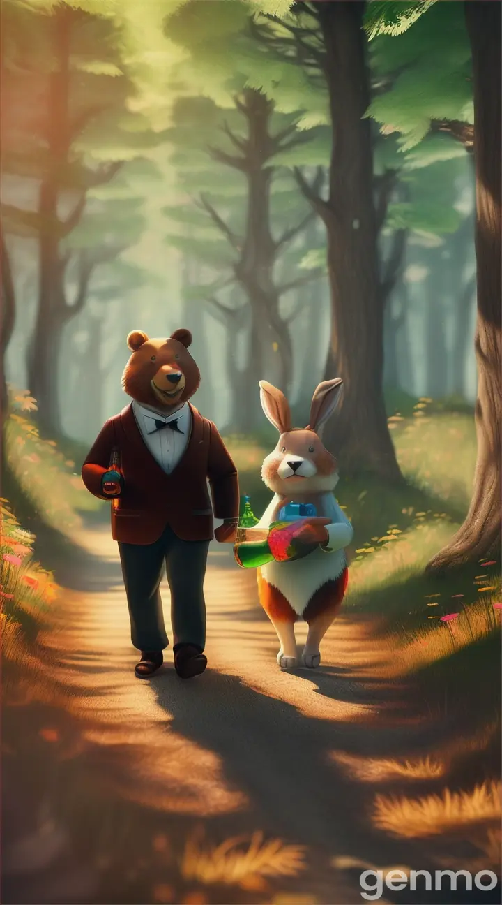 The bear and the hare from the cartoon, walking through the forest, smiling and carrying a bottle of vodka