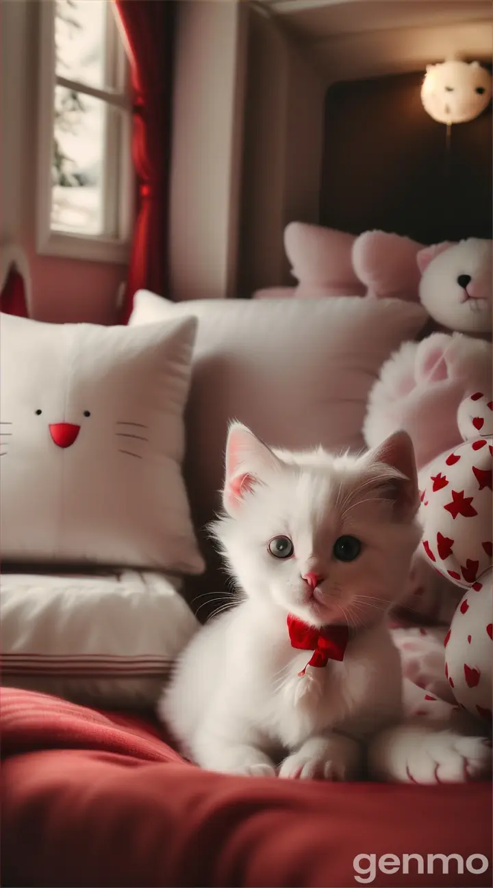 Cute tiny little cute soft toy kitten fatty furry white colour, wearing a red cute dress is sitting on a red bed and blinking her beautiful hazel eyes, should attract kids and babies, she should be extremely sweet, lovable and adorable, 9:16 ratio