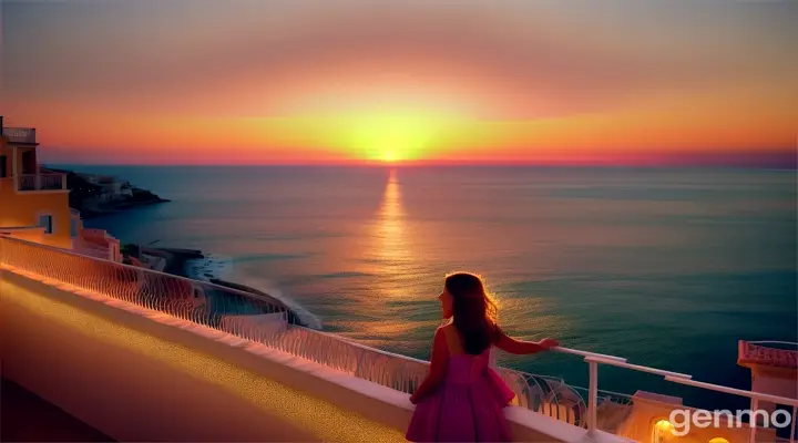 A girl on a terrace overlooking the Mediterranean Sea, surrounded by the warm lights of Italian fishing villages on the coast